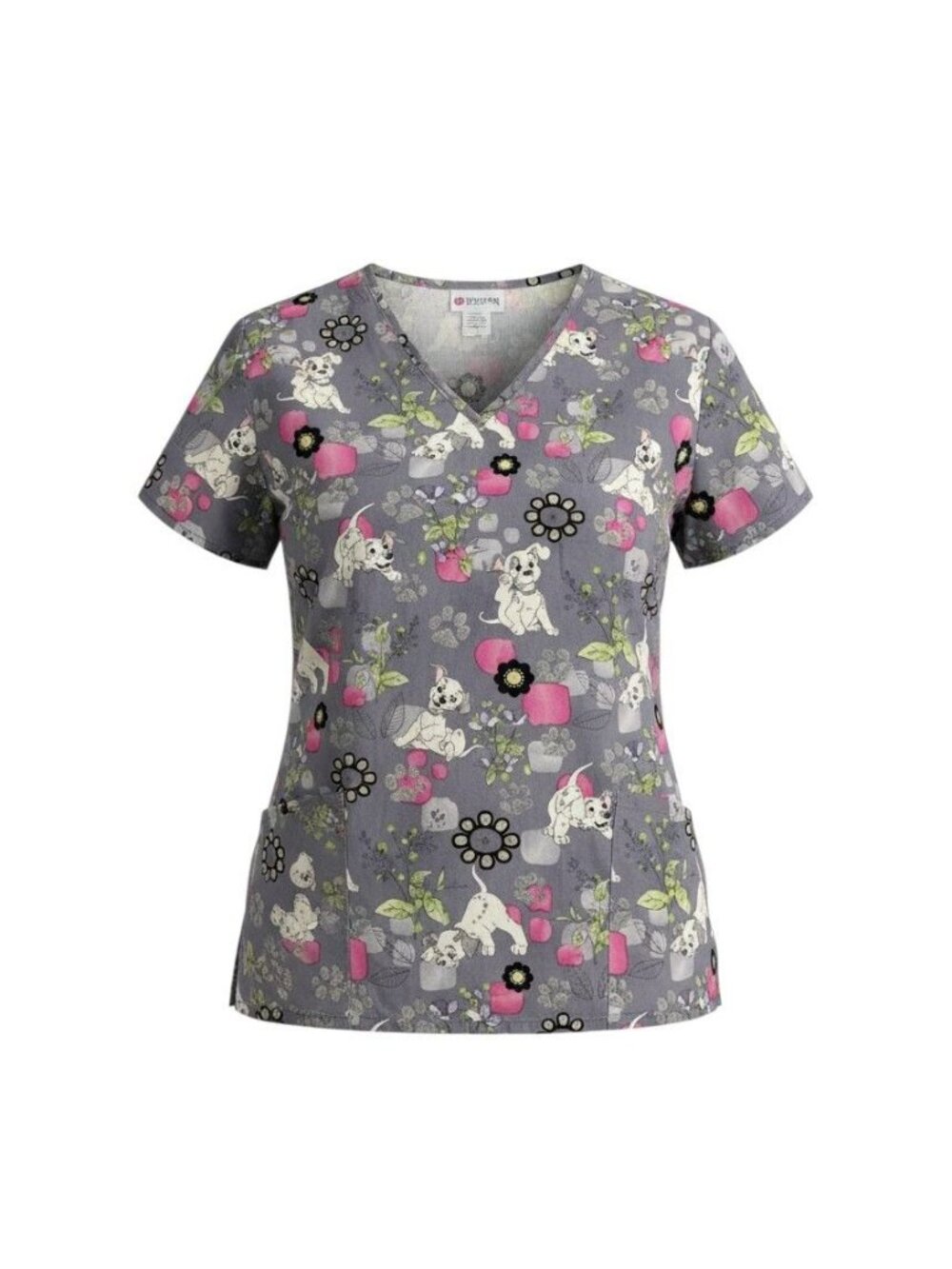 Disney 101 Dalmatians Womens Gray Floral Paw Print V-Neck Scrub Top 3XL